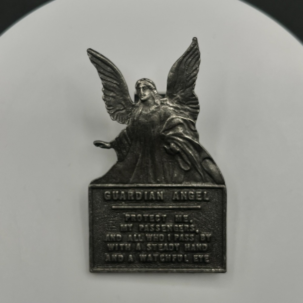 Vintage Guardian Angel Protect Me Gray Religious Automobile Visor Clip Badge